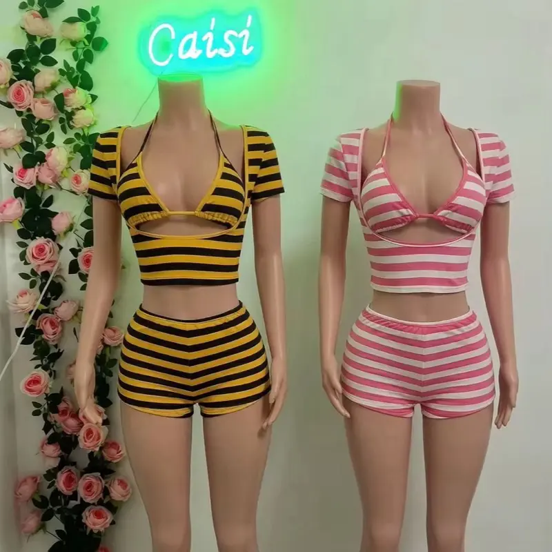 Women's Three-Piece Stripe Print Set Outfit Includes A Halter Camisole, A Puff-Sleeve Top And Slim-Fit Shorts. It Features A Trendy Stripe Design, Perfect For Daily Outings And Commuting Womenswear Matching Outfit Set Comfortable