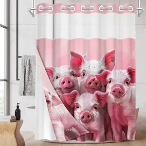 1PC/4PCS 2D Flat Printing Pink Cute Pig Group Patterned shower curtain, home bathroom decor, shower curtain set with 12 hooks, non-slip bathroom rug, U-shaped toilet seat cover, toilet seat mat.