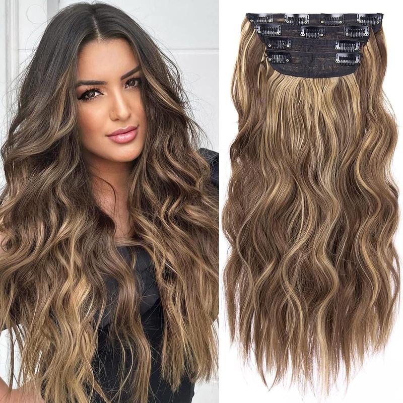 [Human Hair and Synthetic Fiber Blend Series] 22/24-inch Invisible Clip-in Wavy Hair Extensions, tangle-free, long and thick natural-looking hairpieces, suitable for women.