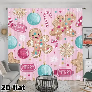 2D Flat 2Pcs Pink Christmas Gingerbread Cookie Pattern Curtain Panels, Holiday Ornaments Snowflakes Design, Rod Pocket Style, Semi Sunshade Polyester Fabric, Perfect for Living Room Bedroom Kitchen Window Decoration, Anti Privacy