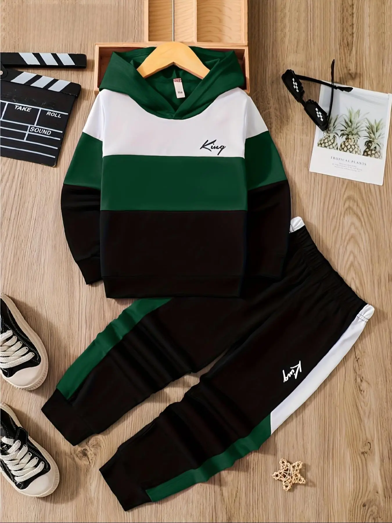 Boy's Colorblock Letter Print Hoodie & Elastic Waist Sweatpants Set, Casual Fashion Cozy Breathable Two-piece Outfits for Daily Outdoor Wear, Boys Clo