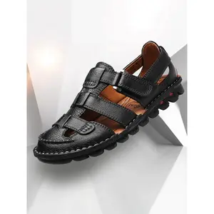 Men's Fashionable Velcro Cowhide Sandals, Men Shoes, Casual Comfortable Sandals for Summer, Breathable Non-slip Sandals for Outdoor Beach Vacation, FootwearGift