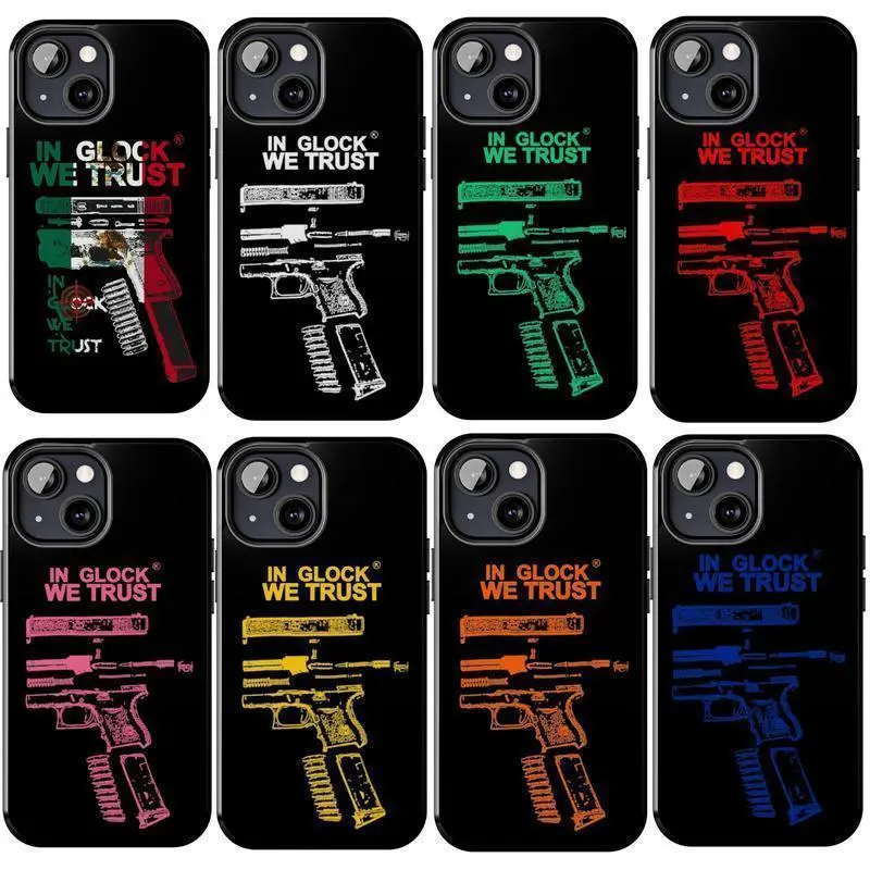 "In Glock We Trust Collage Smartphone Case - Vintage Mexican Glock Full Design Color Shell, Unique Handheld Cellphone Accessory with Protection, Compatible with iPhone 11-17 Pro Max/Plus & Samsung Galaxy S23-25 Devices", Casing