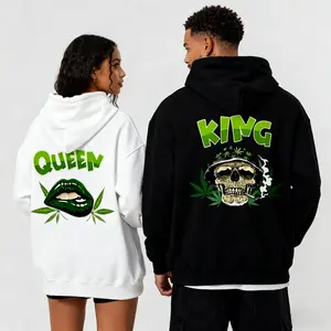 King and Queen Cannabis fashionable hat, unisex clothing, fashion street clothing, pure cotton material quality Casual Black Graphic Hoodie Stylish Christmas Comfy Festive