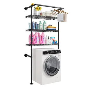 ULIFHOME U17 Wall-Mounted Over Washer and Dryer Storage Shelves, Without Moving Washer or Dryer Laundry Room Storage Rack with Hanger Rod, 35" W x 22" D x 86.2" H, Holds 352 lbs, Black