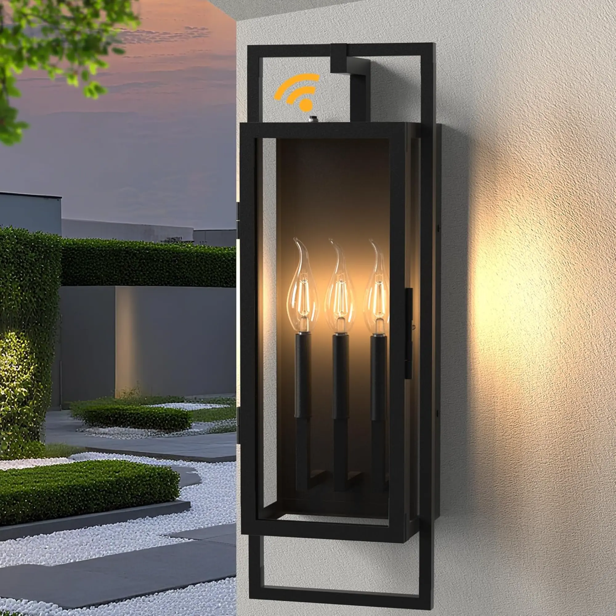25" Dusk to Dawn Outdoor Wall Lantern, 3-Light Black Exterior Wall Sconce with Waterproof Glass for Front Porch, Garage