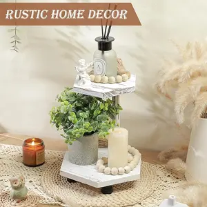 Hexagonal Wood Riser for Display, 2-Tier Wood Farmhouse Riser for Kitchen Bathroom Counter Decor, Decorative Tray for Soap Dispenser, Decorations and Plant (White)