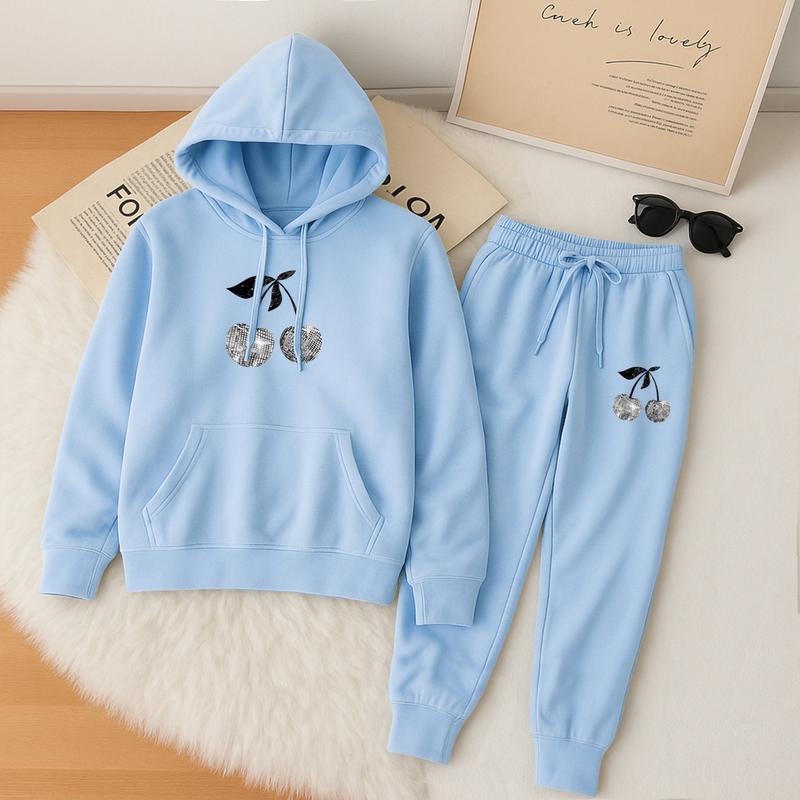 Women's Cherry Hoodie And Drawstring Track Pants Set, Casual Sportswear, Long-Sleeved Hooded Jacket And Pants, Suitable For Autumn And Winter, Everyday Wear, Indoor And Outdoor Sportswear, Sportswear Set, Casual Sportswear.