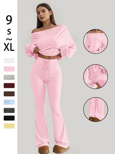 One Shoulder Long Sleeve Loose Crop Top and High Waist Drawstring Skinny Vintage Bell Bottoms, Yoga Fitness Exercise, Fall Winter Casual Style