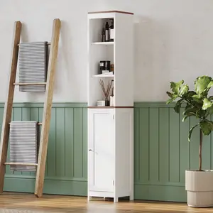 Bathroom Storage Cabinet Tall Slim Freestanding Linen Tower for Small Spaces Reversible Door Laundry Room Organizer with Shelves White