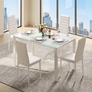 5 Pieces Modern Living Room Dining Set, 4 Person Glass Top Dining Table, High Back Comfort PU Leather Chairs, Perfect For Kitchen Dining Room Apartment Home Decor Furniture