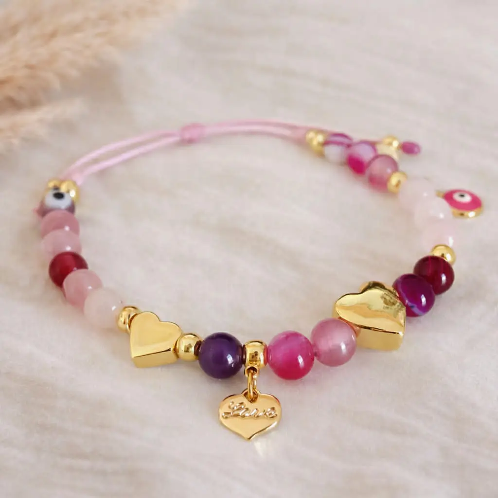 Self Love Reminder Bracelet with Rose Quartz, Fuchsia Agate, Gold Heart and Evil Eye Charm