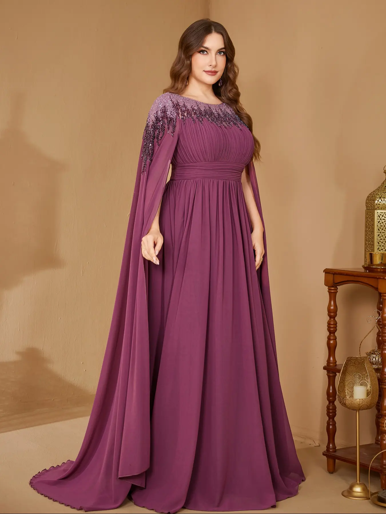 Elegant Chic Women's High Neck Long Sleeve Sequin Patchwork Slim Fit Chiffon Fabric Fitted Formal Evening Dress, Perfect for Special Occasions Womenswear Garment