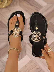 Women's Comfortable Fashion Buckle Sandals, Casual Slip-On Beach Poolside Summer Shoes, Indoor Outdoor Daily Wear Flip Flops