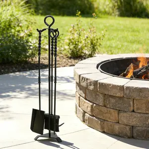 CKLT 30'' Heavy Duty Manganese Steel Fireplace Tool Set, 4-Piece Twisted Rope Design Set with Stand, Fire Poker, Wide Shovel, High-Density Brush for Home Improvement Outdoor Fire Pits
