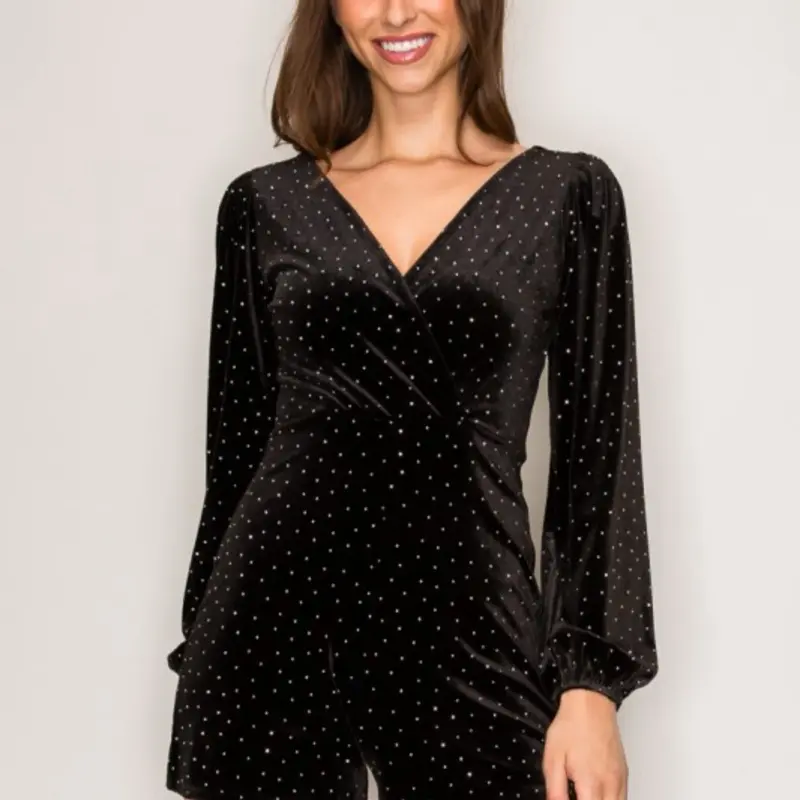 Estrella Velvet rhinestone long sleeve romper