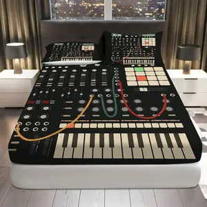 3Pcs Music Console DJ Keyboard Fitted sheet Three Piece Set (1*Fitted Sheet+2*Pillowcases, Coreless), Retro theme, Electronic Music Bedding Set, Mattress protector Soft, Breathable