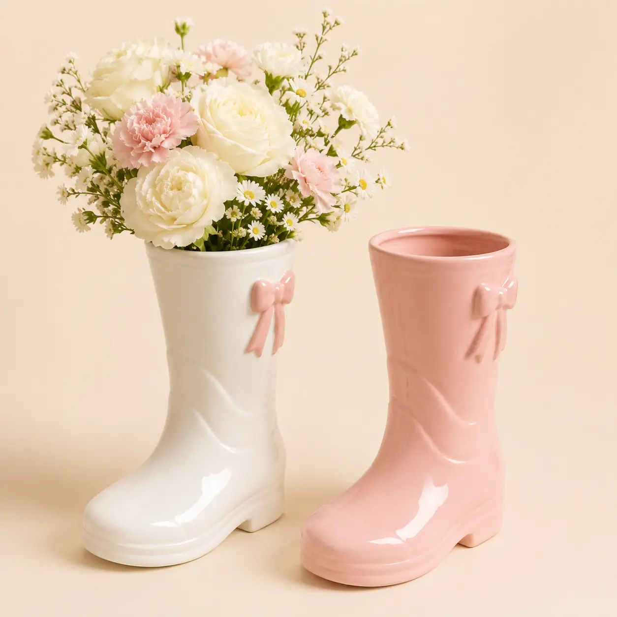 Cute Boot Shaped Ceramic Vase with Bow Detail, Pink & White Flower Vase for Home Decor, Romantic Farmhouse Table Centerpiece
