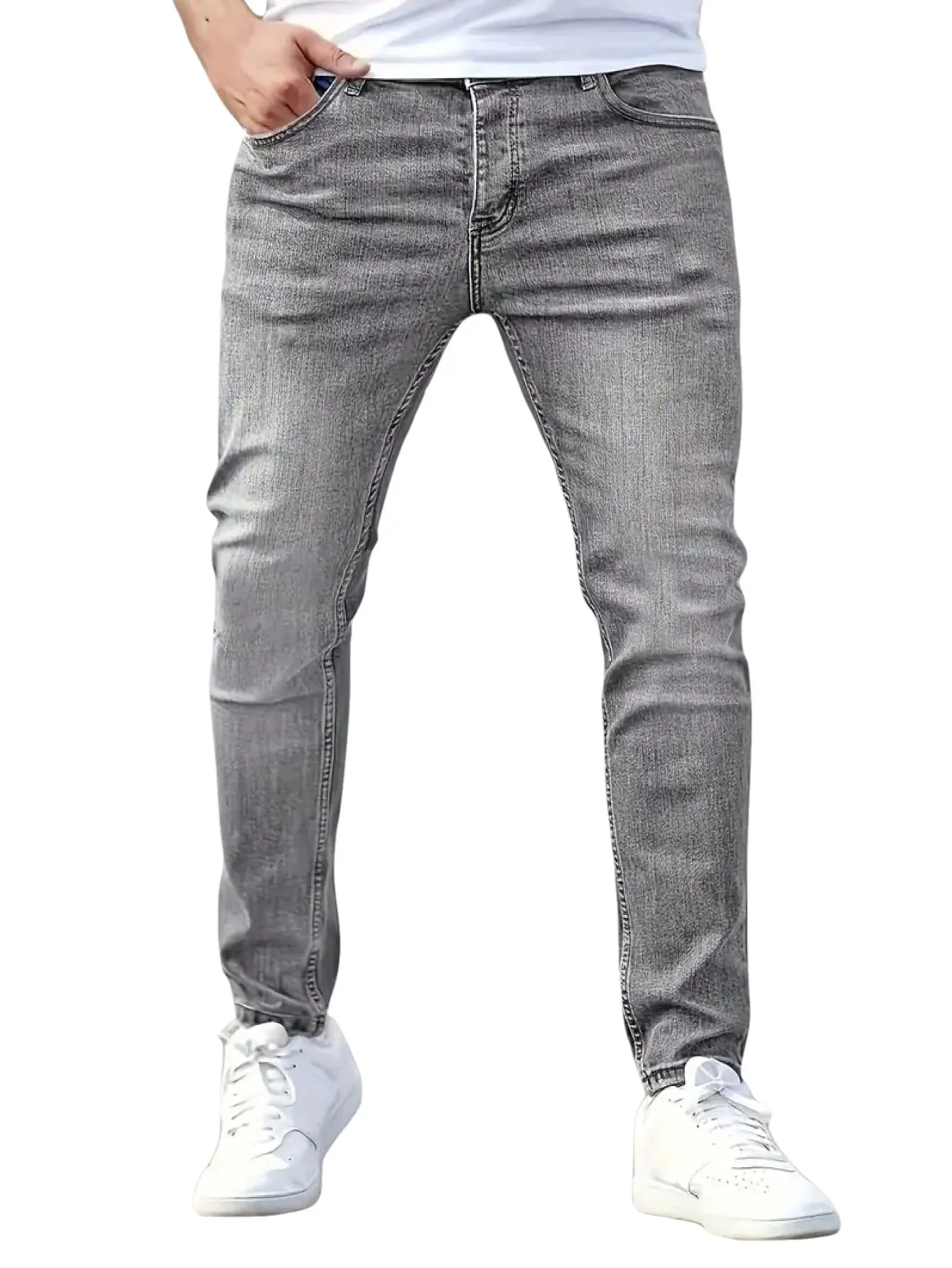Men's Gray Stylish Slim-Fit Stretch Denim Jeans - Menswear Trousers Pants with Classic Pockets for Casual Streetwear Sneakers Pairing, T-Shirt, Plain, Him, Halloween, Christmas, Buttons, Stretch Flex, Casual Work, Washed Look