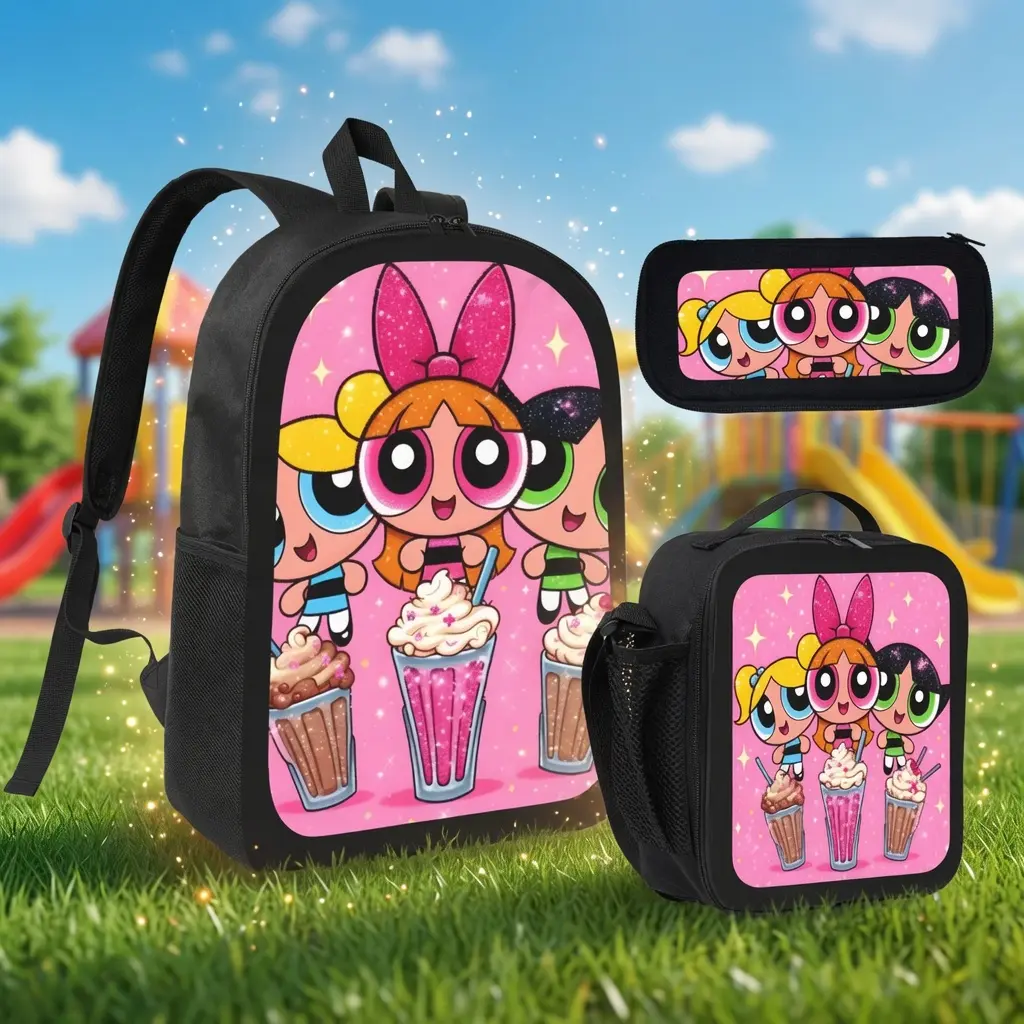 2 Styles Powerpuff Girls 3Pcs Backpack Set, 17 Inch Kids Girls Bookbag with Lunch Box & Pencil Case, Cute Cartoon Blossom Bubbles Buttercup Print Oxford Rucksack, Colorful School Bag Gift For Little Girls Cartoon Fans Travel Daily Use