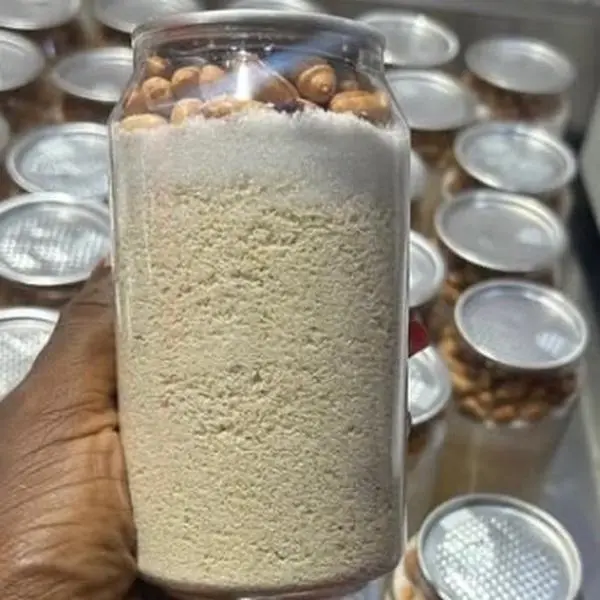 Pure Ijebu drinking Gari with groundnut (peanut), milk, sugar. 500ml. Ready to go