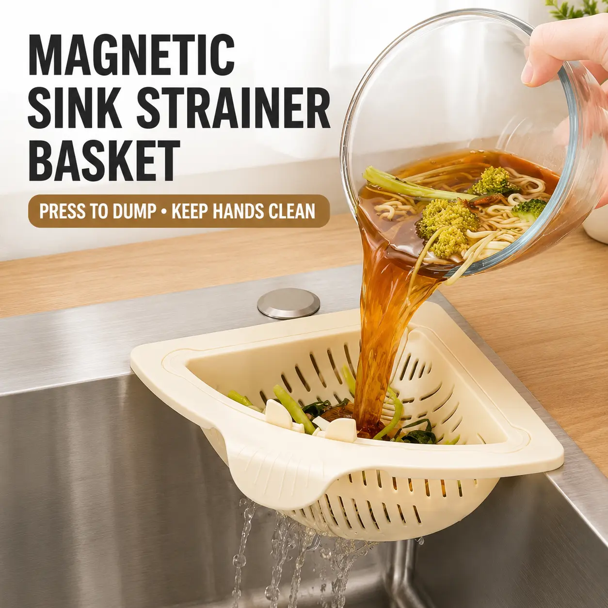 2-Pc Magnetic Triangular Sink Drain Basket Set - 2-in-1 Fruit Veggie Colander & Food Scraps Filter, Anti-Clog Kitchen Sink Organizer, Lazy Kitchen Cleaning Essential