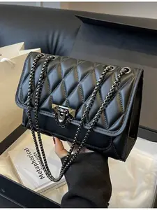 Minimalist Fashion Embossed Diamond Square Bag Lock Closure Flap Opening Metal Chain Strap Shoulder Bag for Women Daily Casual Use Quilted Shoulder Bag