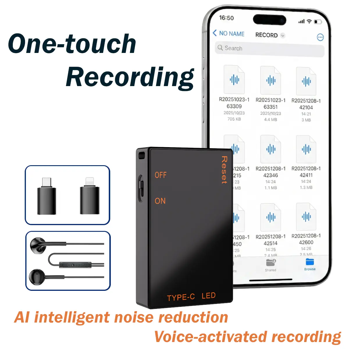 Metal Base Compact Portable Magnetic Digital Voice Activated Recorder with DSP 5.0, AI-Intelligent Triple Noise Reduction, 1536kbps 3D Stereo, Adjustable Self-Recording, USB, MP3 Player, OTG Adapter, Built-In Lithium, Daily Use for Lectures, Interviews