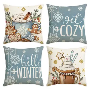 4pcs Christmas Pillow Cover, Cute Gingerbread Man, Hot Cocoa, Christmas Tree Printed Sofa Decorative Cushion Cover, Suitable for Christmas Party Decoration Room Living Room Sofa Bedroom Car Seat Decorative Pillow Cover (No Pillow Core)
