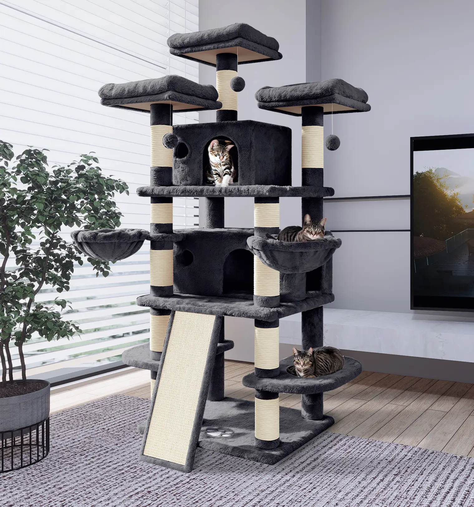 PurrFest 68 Inches Cat Tree House with Condo, Scratching Post, and Multi-Level Towers for Cats
