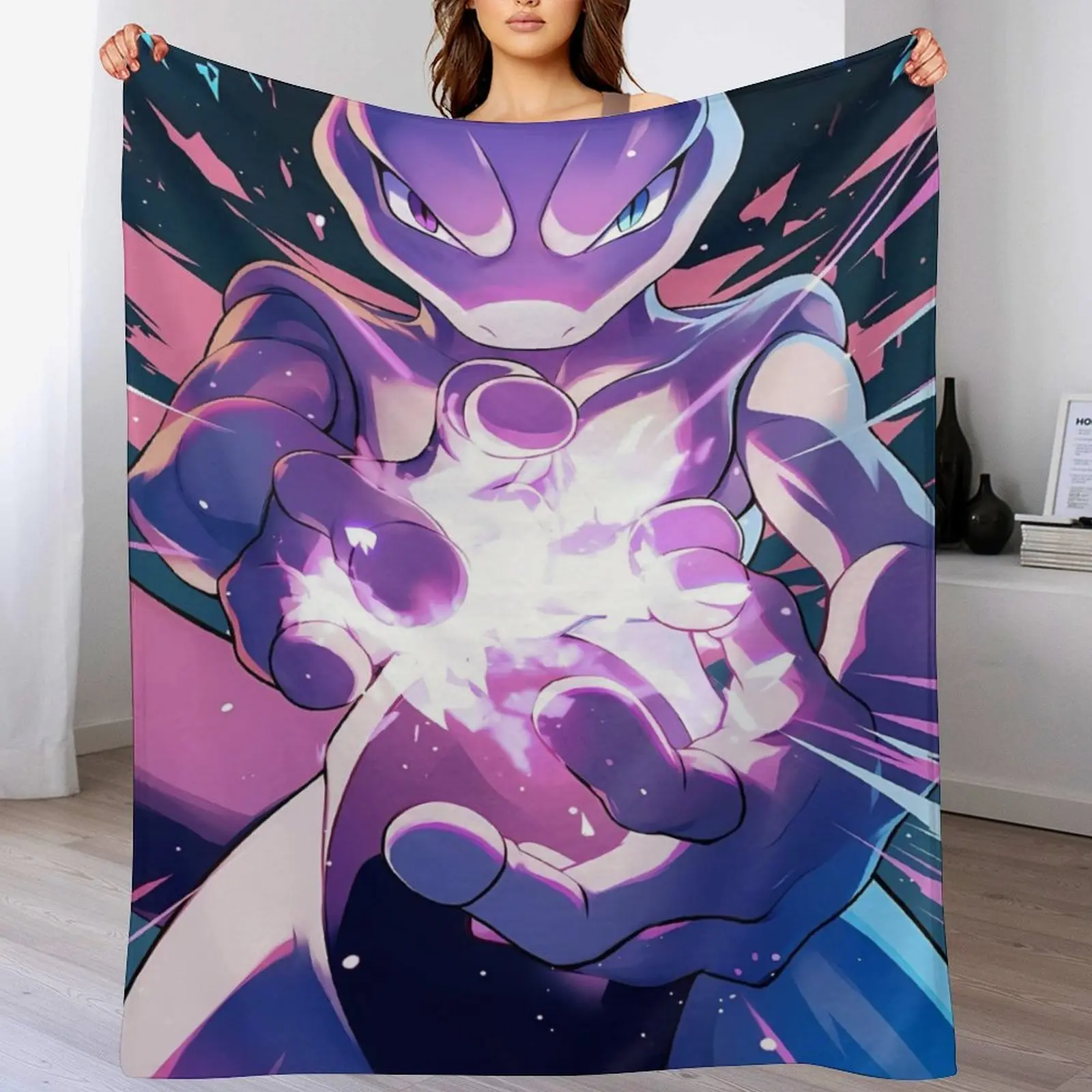 Purple Psychic Anime Mewtwo Creature Throw Blanket Cozy Flannel Blanket Soft Warm Blanket for Bedroom Living Room Sofa Couch Aesthetic Decor