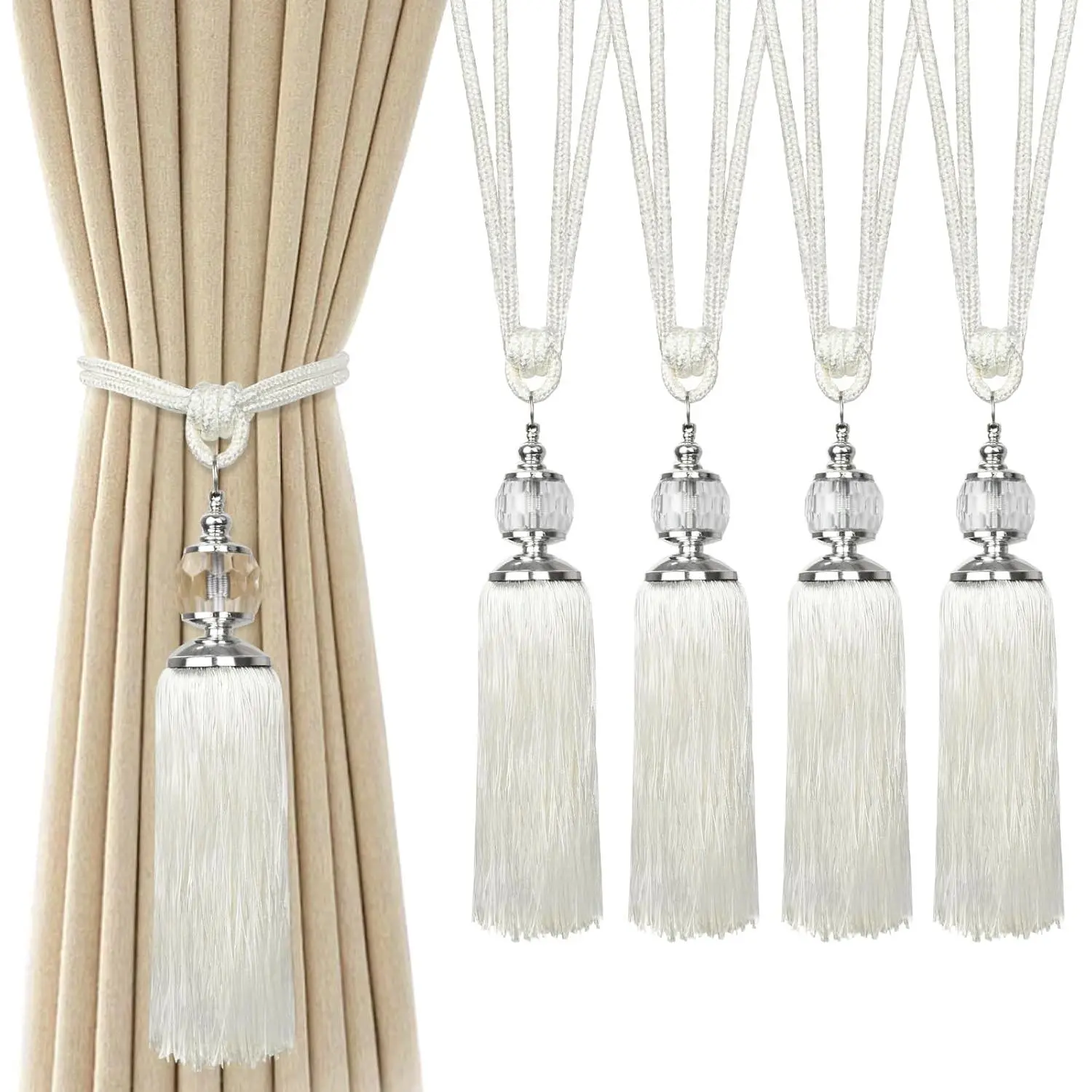 Curtain Tiebacks, 4 Pack/2 Pack Curtain Holdbacks Crystal Bead Tassel Curtain Tie Backs Rope Boho Outdoor Decorative Drape Tie Backs Holders, Home & Kitchen