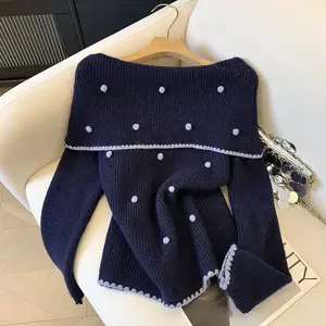 2025 Polka Dot Sweater Women Sexy Slash Neck Knitted Pullovers Korean Elegant White Knitwears Winter Long Sleeve Slim Jumpers winter