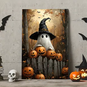 Canvas Wall Art Framed Ghost Wearing Witch Hat Framed Canvas Wall Art Spooky Pumpkin Patch Print Rustic Haunting Decor Large Seasonal Wall Art, Fall Porch Decor Halloween Poster For Living Room Bedroom Home Decor Decoration Ornaments