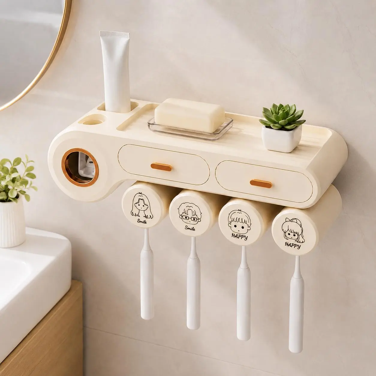 Modern Plastic Wall-Mounted Toothbrush Holder - No-Drill 4-Cup Bathroom Organizer with Toothpaste Dispenser, Mess-Free Storage for Bathroom Accessories