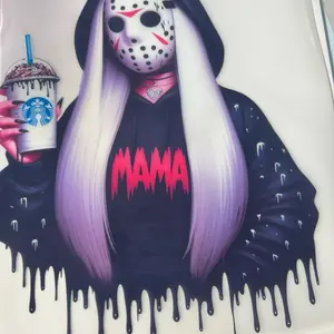 MAMA with Jason Mask DTF Transfers - Unique Design Featuring Character Holding Drink