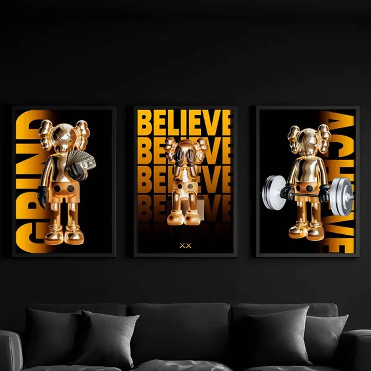 Set of 3 Gold KAWS Motivational Hypebeast Home Decor Poster Unframed HD Print Home Office Decor Unique Trendy Christmas Gift