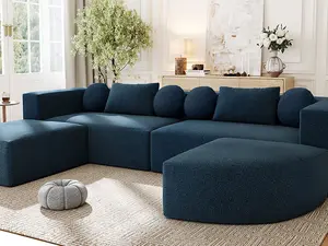 Niccae Boneless Couch Modular Sectional Sofa 114.9" Free-combined Sofa Couch Sofa Bed Compression Sofa with Deep Seating and Curved Design for Living Room, Blue