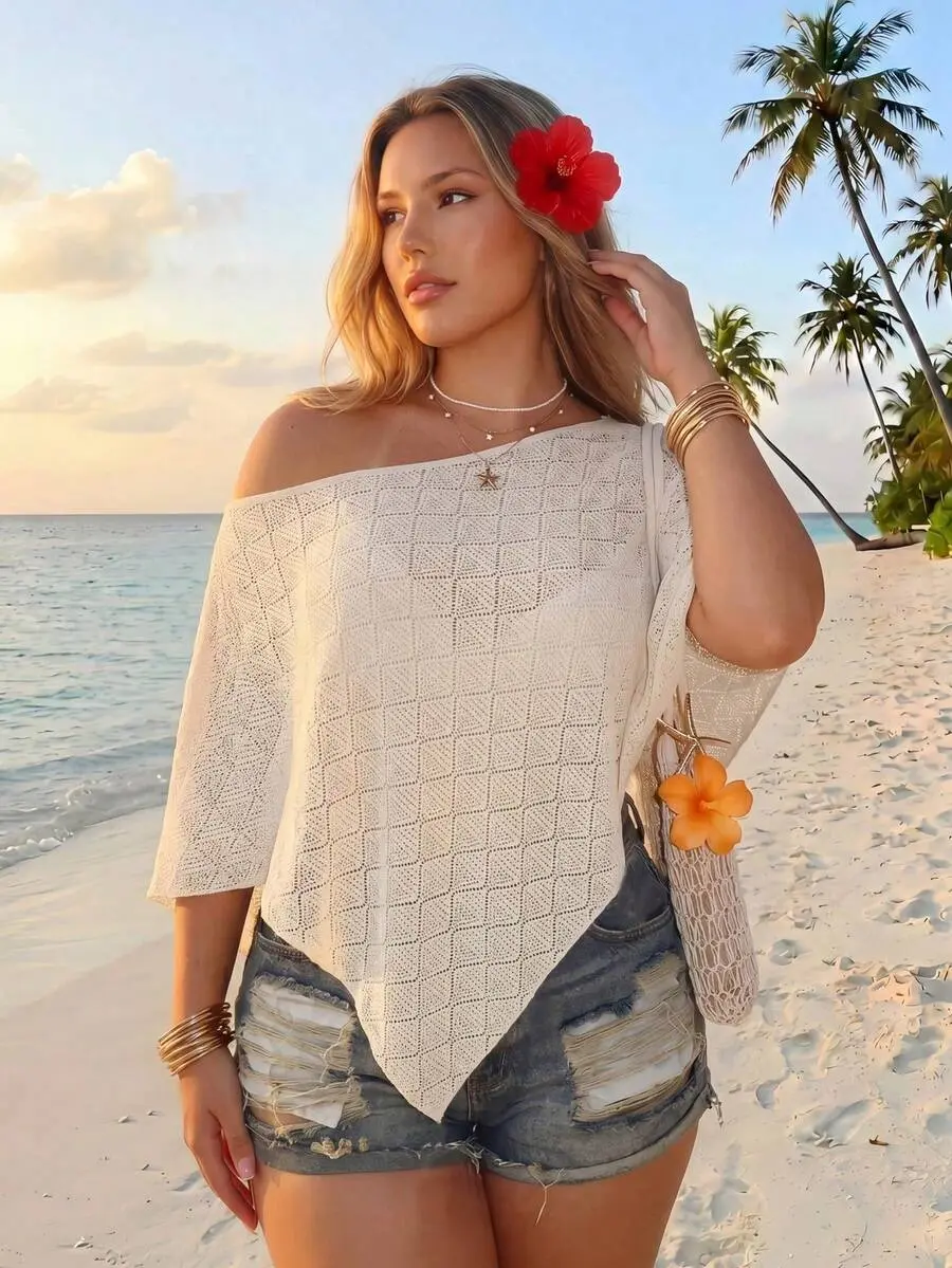 XLAIS Women's Plus Size White Summer Boho Beach Holiday Knit Textured Fabric Off-Shoulder Shawl Top,Retro Y2K Loose Casual Urban Modern Fashion Top