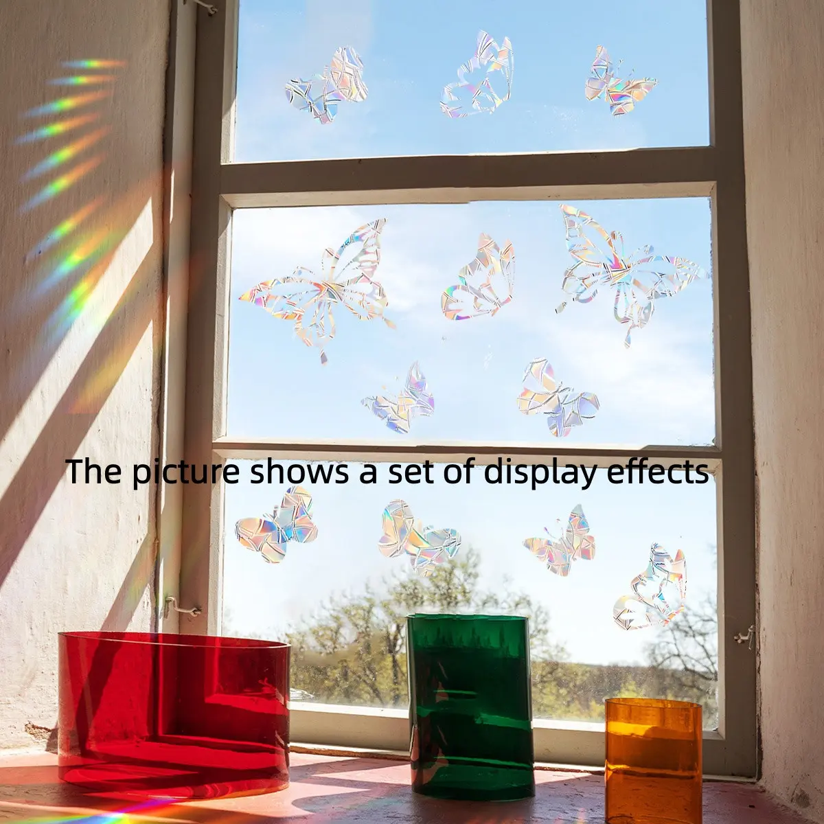 Rainbow Sun Catcher Glass Decorative Stickers, Static Butterfly Window Decals, Anti-Collision Rainbow Prism Stickers for Home Decor, Decoration Sticker, Sticker Set