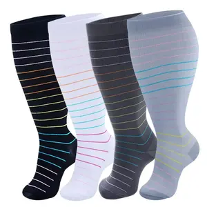 Striped floral pattern high-knee compression sports socks, 4 pairs in large size suitable for both men and women, provide long-lasting support and are perfect for yoga, gym workouts, and daily activities.