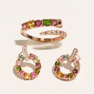 S925 Little Hoop Rainbow Tourmaline Ring and Earrings Set, Bring you good luck, Rainbow Colorful & Natural Gemstone For Anxious Woman Girl, Relieve Anxiety And Mental Stress, Sparkly Muticolor,Hand made,gift,birthstone
