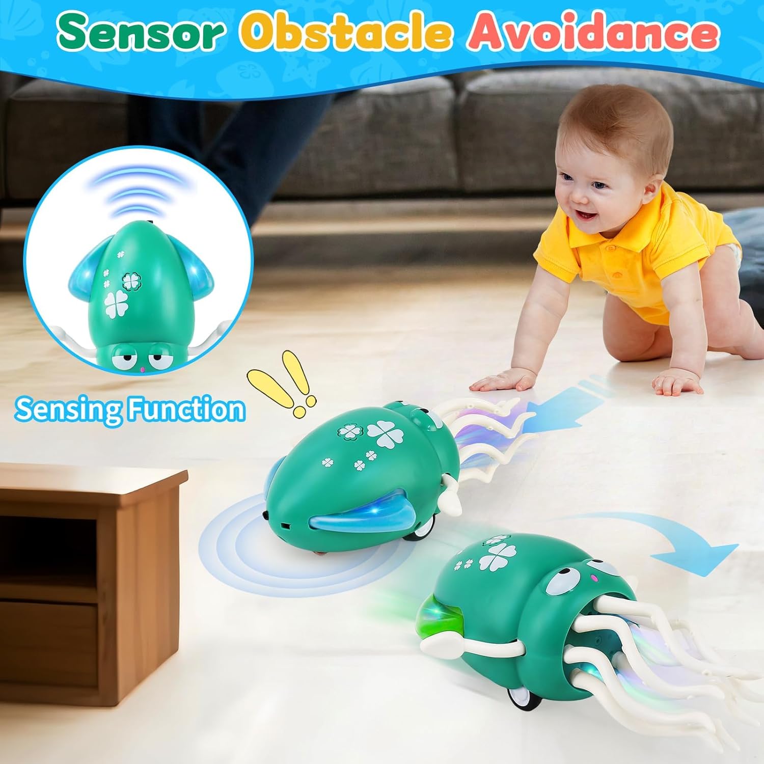 Dancing octopus with lights and music, interactive automatic obstacle avoidance octopus crawling , fun participatory game activities cool gift toy duck Auto-Dance Obstacle-Sensing Octopus Toy electric squid Colorful LED