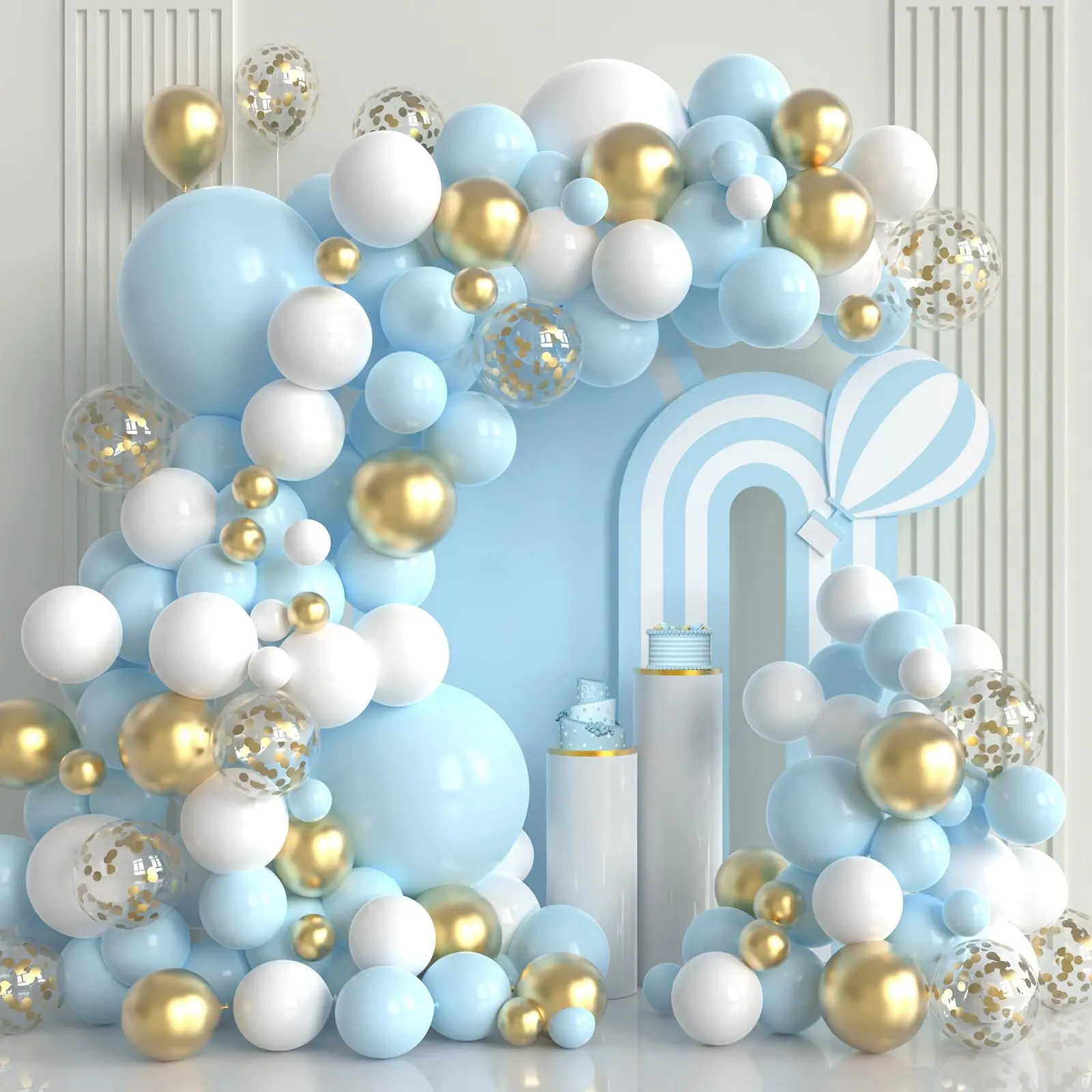 Blue White Gold Balloons Arch