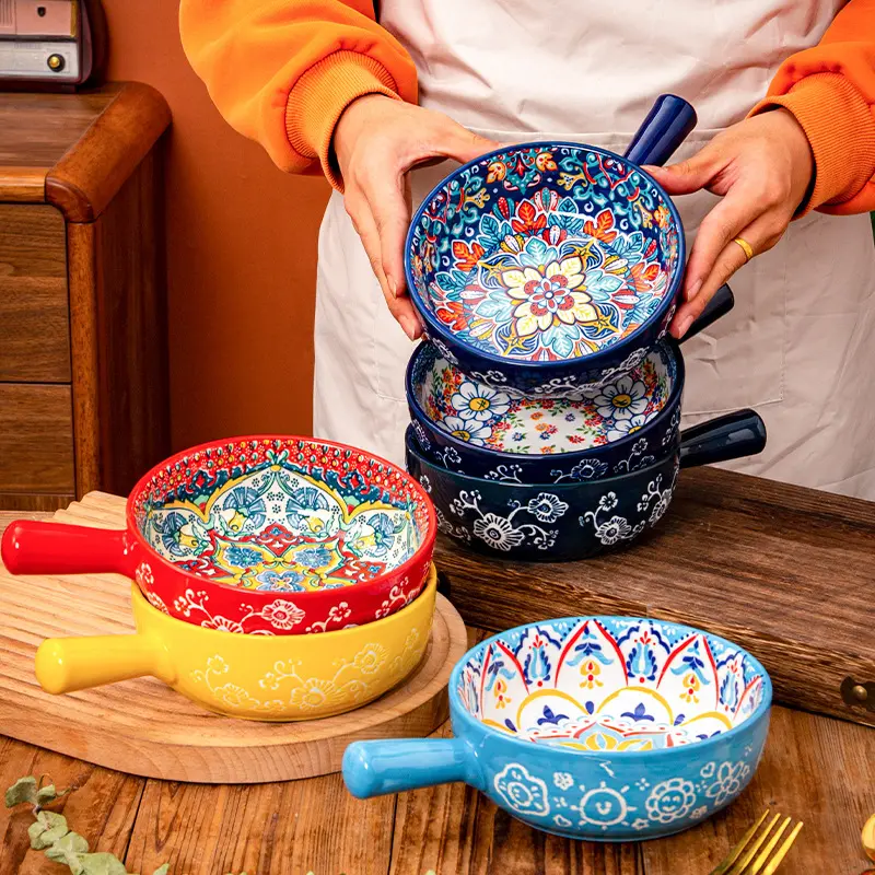 Bohemian Style Ceramic Serving Bowl with Handles - Artistic Fruit Salad, Pasta & Soup Bowl for Kitchen & Dining Decor