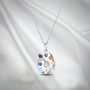 Creative Palette Necklace, Colorful Paintbrush Art Pendant, Diamond-Encrusted Enamel Niche Necklace, Painting Necklace