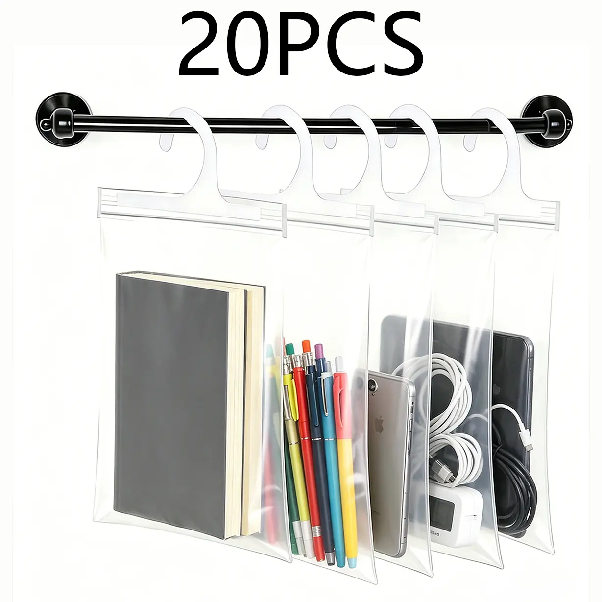 20pcs Waterproof Reusable Hanging Storage Bags 12.5 x 10-inch, Outdoor Camping & Picnic Supplies Organizer, Large Clear Hook Pouches, Headphone Storage Classroom - Reusable, Waterproof & Dustproof - Ideal for Classroom, Library, and Pharmacy Use