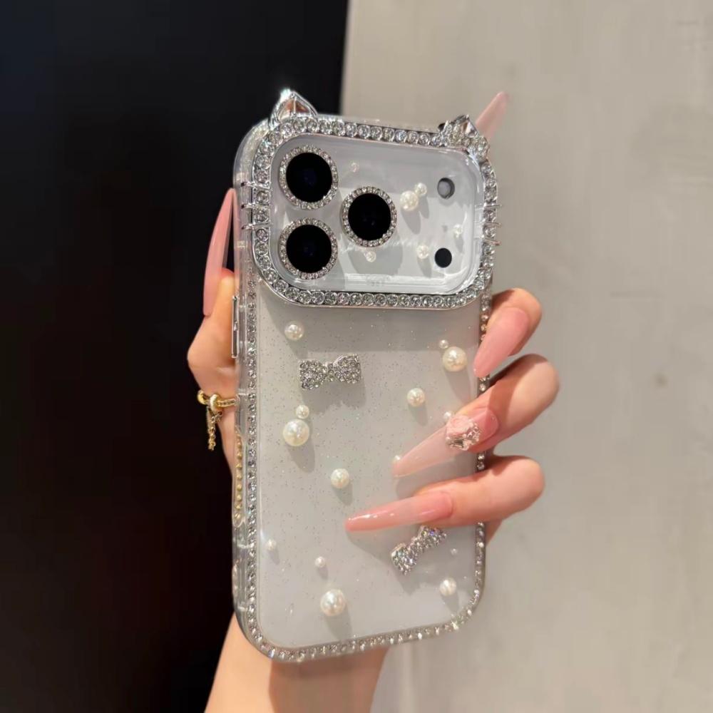 DIY Glitter Clear Phone Case with Pearl & Rhinestone Bow Charms, Bling Cat Ear Diamond Frame Customizable Protective Cover for IP 17 Pro max, 16plus, 15, 14, 13 junk