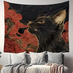 1pc Asian Ukiyo Art Japanese Cat Swallowing Clouds Wave Fabric Fun Tapestry Wall Hanging with Accessories, Home Dormitory Bedroom Wall Decor