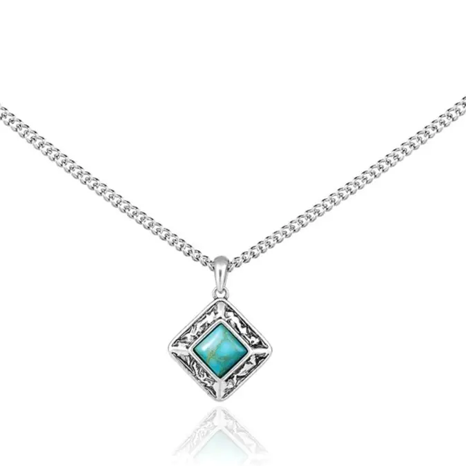 Wrangler Western Diamond Shaped Stone Pendant Necklace for Women, Antique Gold Plated Southwestern Engraved Chain Necklace, Cowgirl Statement Jewelry, Classic Chain Style, Female, Cuban Link Chain, Western Elegance